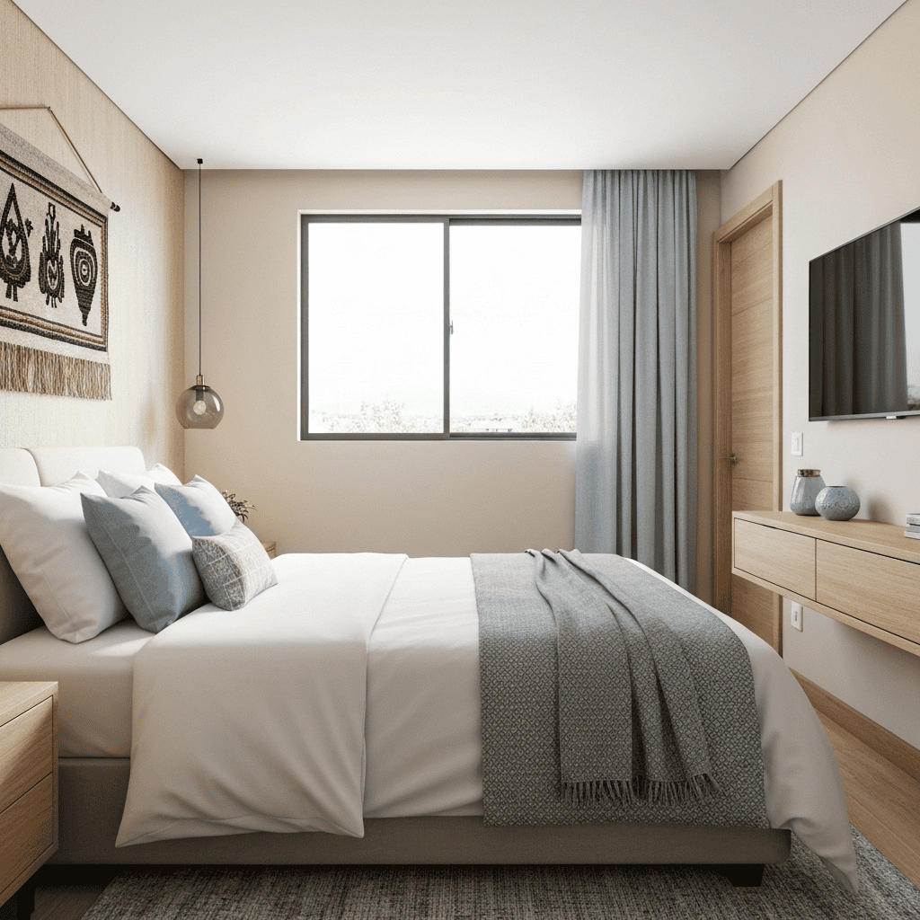 A serene shot of a furnished master bedroom.